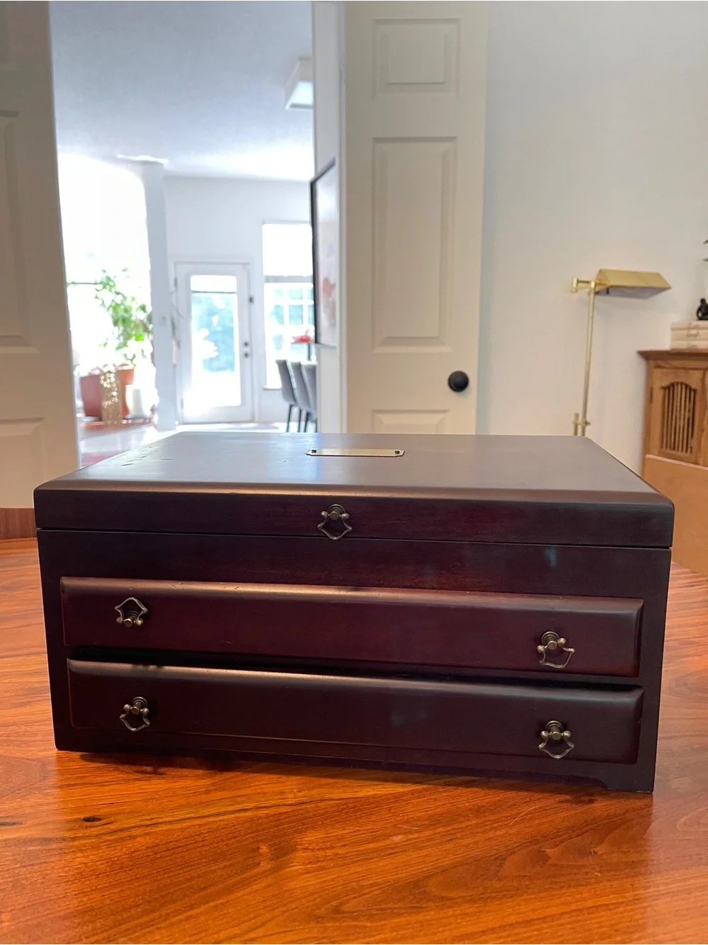 Vintage Reed & Barton Eureka Wooden Jewelry Box Burgundy Lining 15x10x7in.